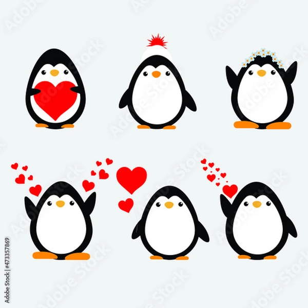 Obraz Cute penguins in different poses with red color illustration