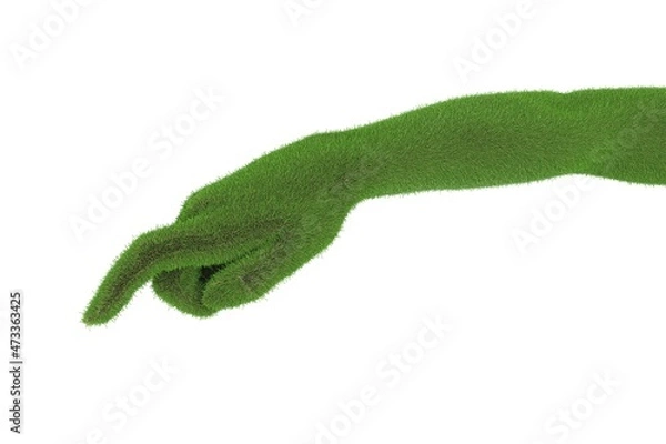 Fototapeta Gaia hand cover by grass, mother nature concept. Hand reaching. empty. 3D rendering. full of grass or made of green field. Eco-friendly and sustainable message. good for text and slide.
