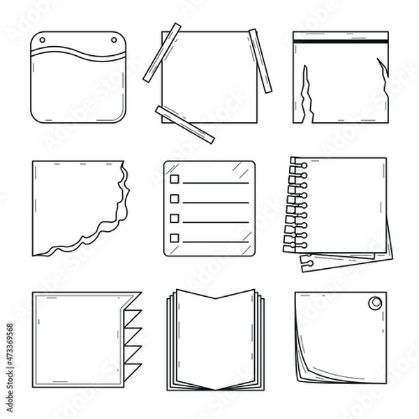 Fototapeta Set Black Collection Simple Line Notes Paper, Diary Doodle Outline Element Vector Design Style Sketch Isolated Illustration Planner, Sticky