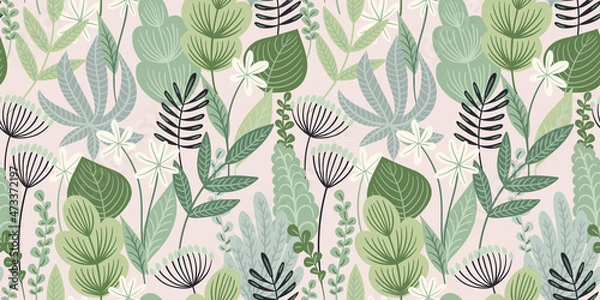 Obraz Abstract gentle seamless pattern with leaves, flowers and grass. Modern exotic design