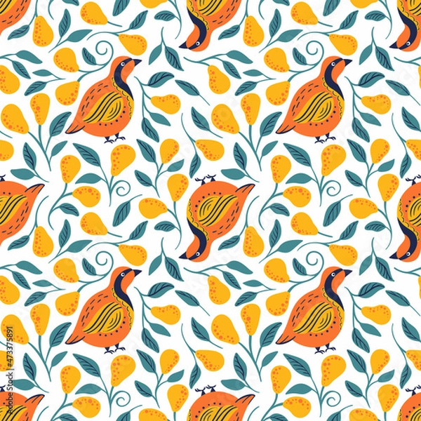 Obraz partridge and pear tree seamless vector pattern on white background. Christmas bird background