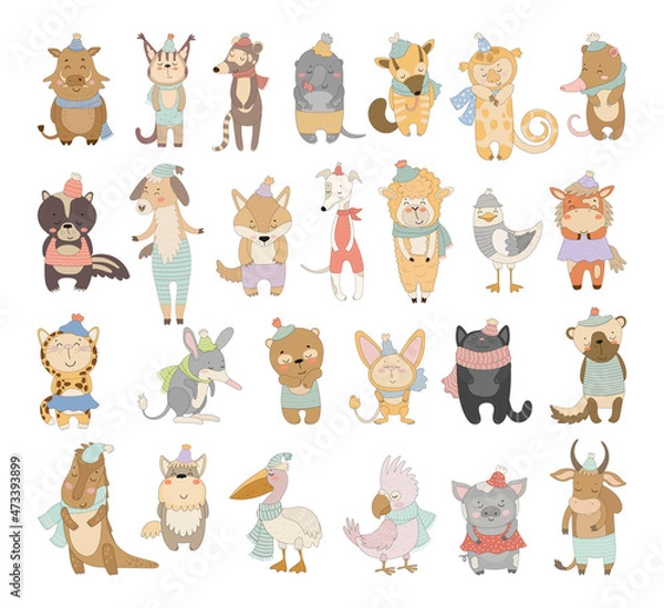 Fototapeta Collection of cute animals in cartoon style. Illustrations for children.