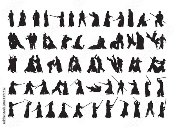 Obraz Collection of black silhouettes of people practicing aikido. Shadows of the fighting men on a white background. Martial arts illustrations.