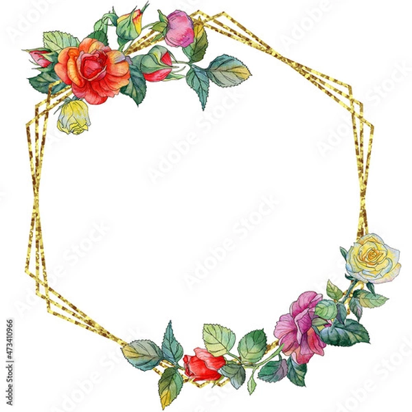 Obraz Watercolor hexagonal frame decorated with a bouquet of red, yellow and pink roses