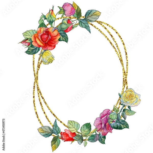 Obraz  Oval watercolor frame with bright red, pink and yellow roses