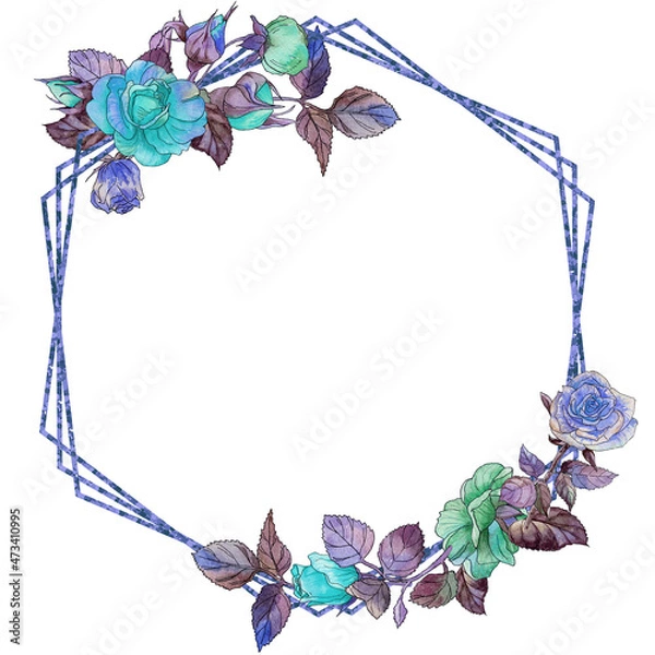 Obraz Watercolor hexagonal frame decorated with a bouquet of green, blue and light blue roses