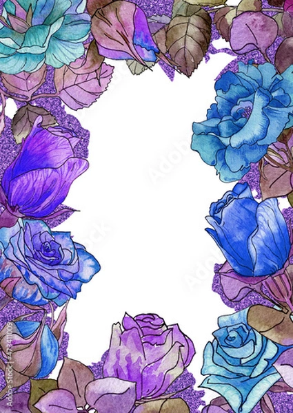 Obraz Rectangular  neon frame of bright watercolor roses with glitter and liner outline