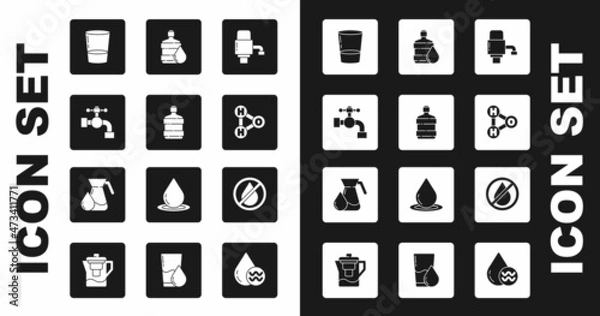 Fototapeta Set Mechanical pump for water, Big bottle with clean, Water tap, Glass, Chemical formula H2O, drop forbidden and Jug glass icon. Vector