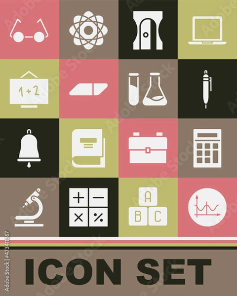 Fototapeta Set Graph, schedule, chart, diagram, Calculator, Pen, Pencil sharpener, Eraser rubber, Chalkboard, Glasses and Test tube and flask icon. Vector