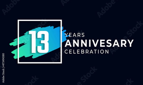Fototapeta 13 Year Anniversary Celebration with Blue Brush and Square Symbol. Happy Anniversary Greeting Celebrates Event Isolated on Black Background