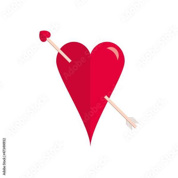 Fototapeta Arrowed vector red heart. Love symbol. Passion vector illustration. Cupid's arrow. Cupid. In love. Romantic rounded heart shape. Single heart. Lovely. Valentines decoration sign. Rounded style icon.