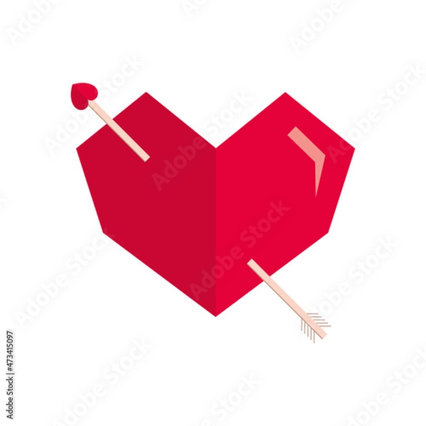 Fototapeta Arrowed vector red heart. Love symbol. Squared. Passion vector illustration. Cupid's arrow. Cupid. In love. Romantic angled heart shape. Single heart. Edgy heart. Valentines decoration sign.