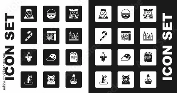 Fototapeta Set Witch, Spider web, Christmas candy cane, Vampire, Burning candle, Pumpkin basket for sweets, Tombstone with RIP written and Scarecrow icon. Vector