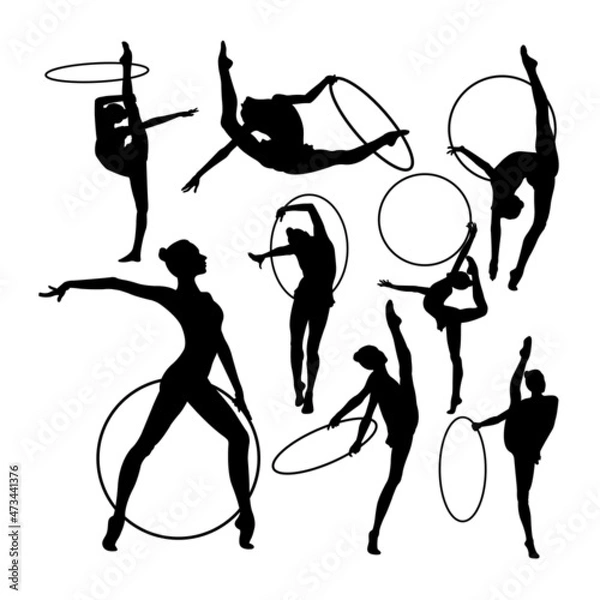 Fototapeta Silhouettes of gymnastics rhythmic performs with hoop. Good use for symbol, logo, mascot, icon, sign, or any design you want.