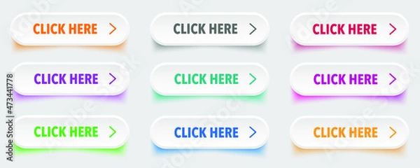Obraz Click here button with arrow pointer clicking icon. Click here vector web button. Web button with action of arrow pointer. Click here, UI button concept. Vector illustration