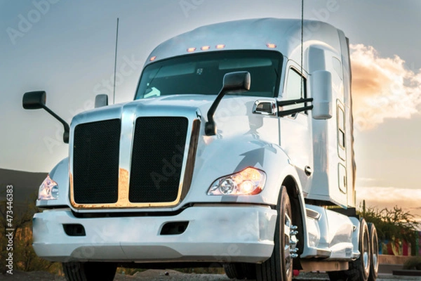 Obraz front of cargo trailer at sunset on a highway in Mexico. Transportation concept