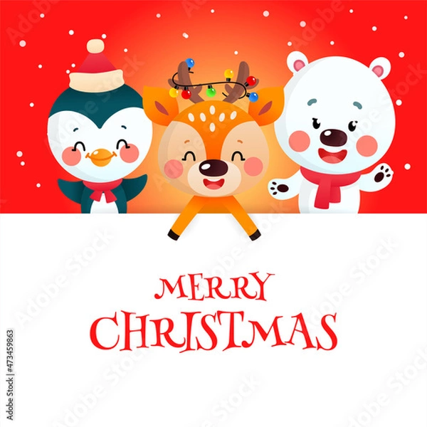 Fototapeta Cute Merry Christmas card with cartoon characters. Winter holiday illustration of a funny little deer, a penguin and a polar bear with a big white signboard on a red background. Vector 10 EPS.