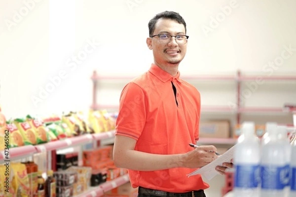 Obraz Smiling Asian young man  supervisor making notes to the clipboard while standing near a rack of mixed goods.