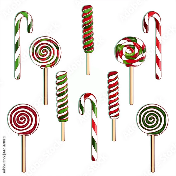 Fototapeta Set of lollipops (lollypops) painted in traditional christmas colors. Collection caramel. Design elements for christmas card. Colorful vector illustration isolated on white background. Hand drawn. 