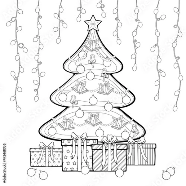 Fototapeta Christmas tree with gift boxes. Hanging string lights, garland. Outline freehand drawn for holiday. Vector illustration isolated on white background. Separate objects. Coloring book page. 