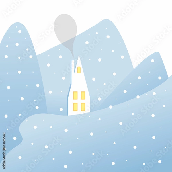 Fototapeta Small Christmas house on snowy hills. House with smoke from chimney and windows with light. Snowing