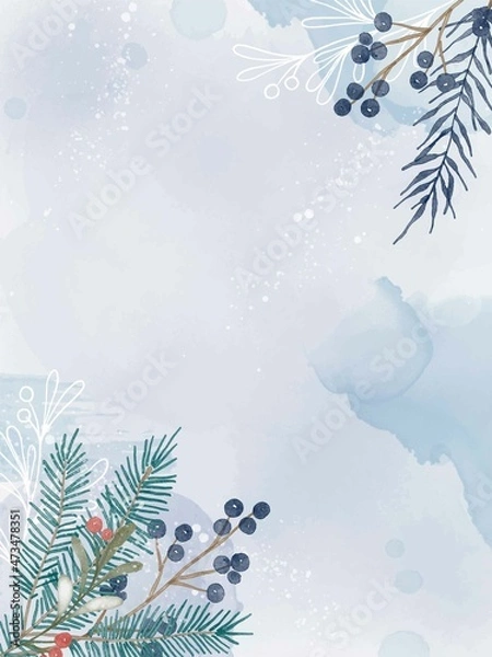Fototapeta Watercolor winter background with plants, branches, berries and splashes. Christmas pre-made scene