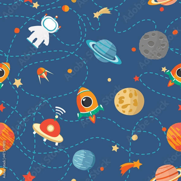 Fototapeta Space background. Space doodle illustration. Vector illustration. Seamless pattern with cartoon space rockets, planets, stars