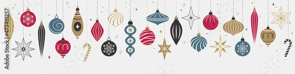 Obraz Christmas border with balls, stars, snowflakes. Christmas and New Year banner. Xmas decoration. Vector illustration. Template for website banner.