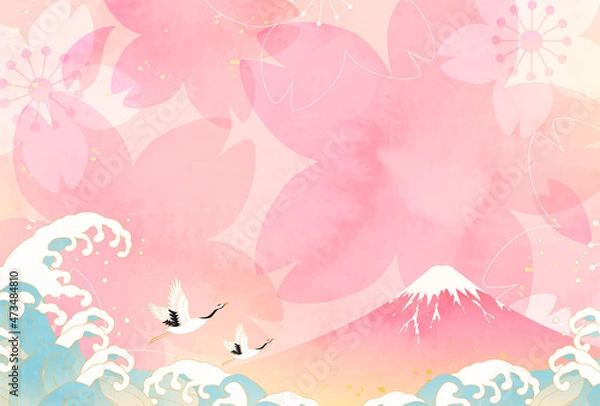 Fototapeta 桜と富士山と波と鶴のおめでたいパステルカラーのベクターイラスト背景
