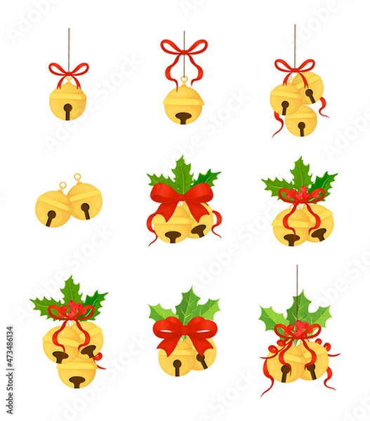 Obraz Set of Christmas golden bells with holly berries, holly leaves and a red bow on a white background