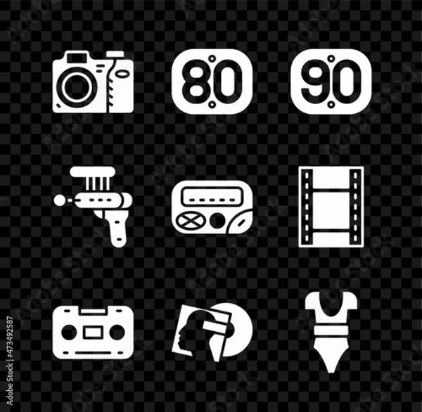 Fototapeta Set Photo camera, 80s Retro, 90s, audio cassette tape, Vinyl disk, Swimsuit, Ray gun and Pager icon. Vector