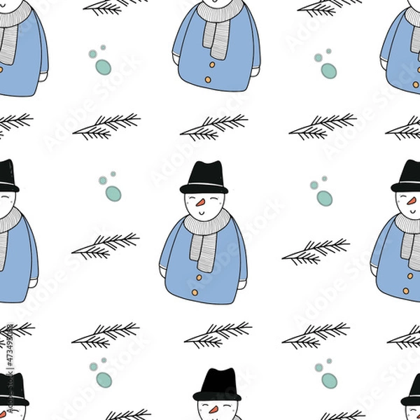 Fototapeta Christmas vector illustration cute characters snowman seamless pattern 