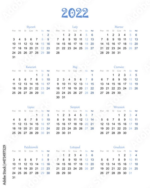 Fototapeta Calendar for 2022 year with polish characters blue
