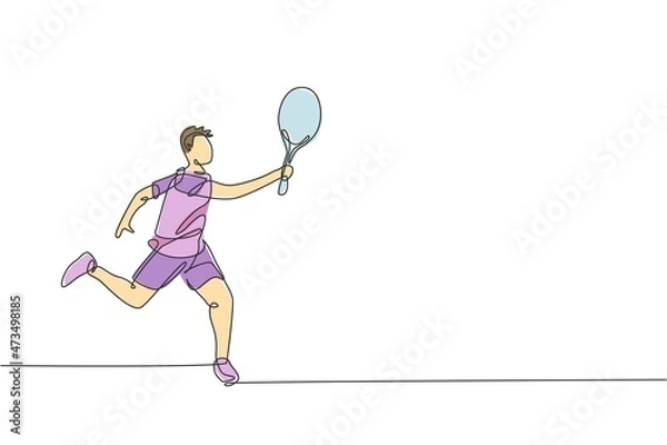 Fototapeta Single continuous line drawing of young agile man tennis player defense and hold the ball. Sport exercise concept. Trendy one line draw design vector illustration for tennis tournament promotion media