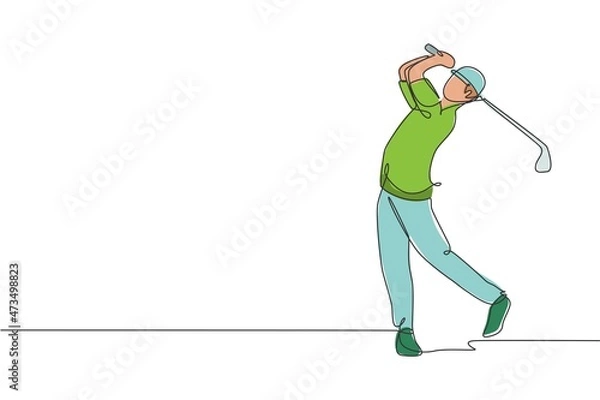 Fototapeta One single line drawing of young sporty golf player hit the ball using golf club graphic vector illustration. Healthy sport concept. Modern continuous line draw design for golf tournament poster