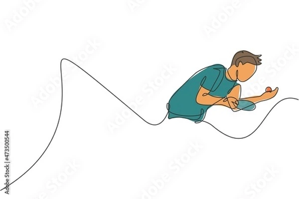 Fototapeta One single line drawing of young energetic man table tennis player practice serve a ball vector illustration. Sport training concept. Modern continuous line draw design for ping pong tournament banner