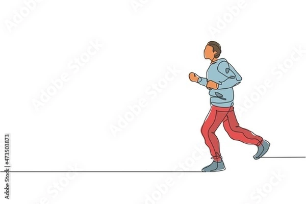 Fototapeta One single line drawing of young energetic man runner run relax at the morning vector illustration graphic. Healthy sport training concept. Modern continuous line draw design for running race banner
