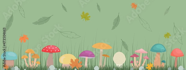 Fototapeta Vector horizontal cartoon pattern of edible and inedible
 mushrooms in the forest. Autumn leaf fall.
