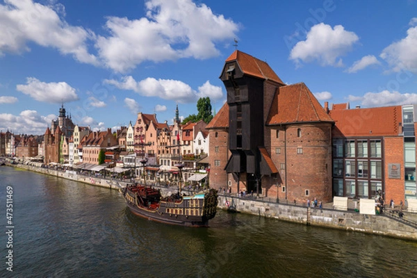 Fototapeta Gdansk. A city by the Baltic Sea on a sunny beautiful day. Aerial view over the seaside city of Gdańsk.