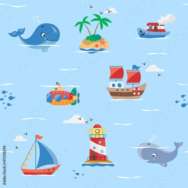 Fototapeta Vector seamless pattern with sea cartoon characters.Ocean illustration with islands, ships, whales, lighthouse.Repeated texture with sea cartoon characters.Kids textile pattern with marine animals