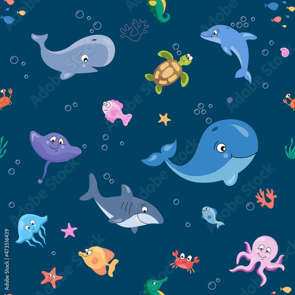 Fototapeta Childish isolated seamless pattern. Colorful ocean illustration. Scandinavian style. Kids texture for fabric, wrapping, textile, wallpaper, apparel.Textile pattern with cute fish