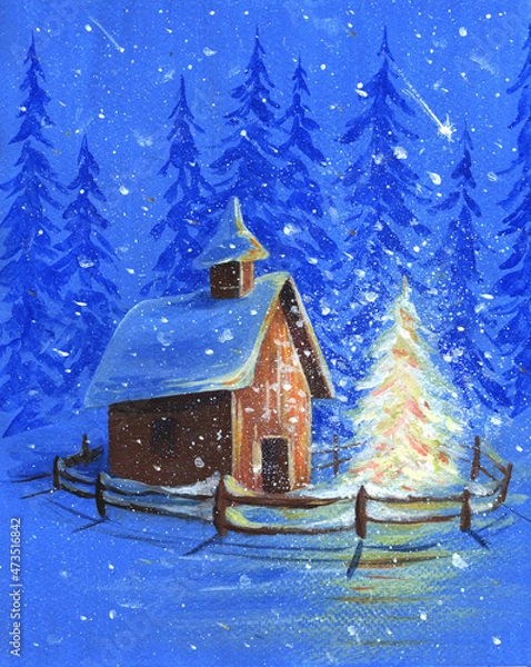 Obraz house in the snow with christmas tree