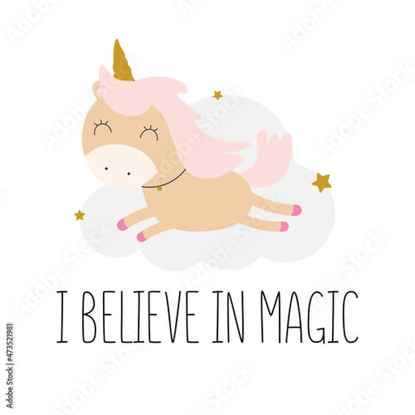 Fototapeta Cute Unicorn in cartoon style. Vector illustration in white background with text . For kids stuff, card, posters, banners, children books and print for clothes, t shirts. Girl print.