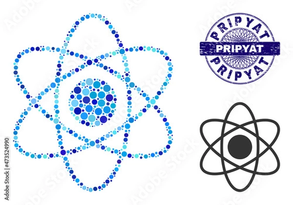 Obraz Circle composition atom icon and PRIPYAT round scratched stamp imitation. Violet stamp includes PRIPYAT text inside circle and guilloche ornament. Vector mosaic is based on atom icon,