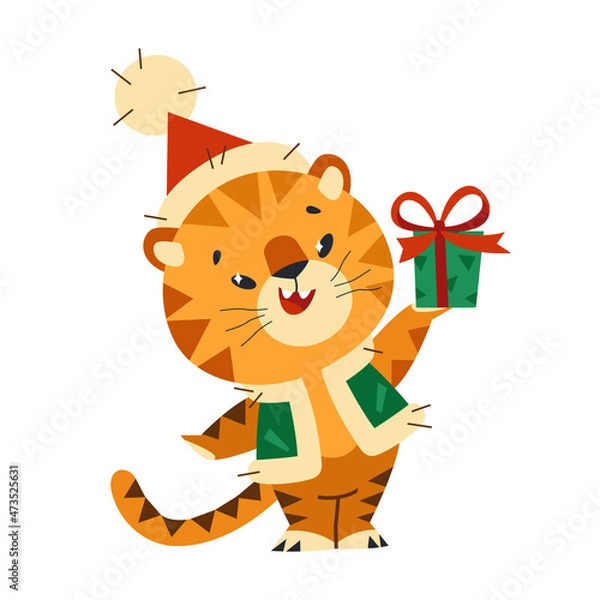 Fototapeta Vector cartoon character - a tiger in New Year costume with present. The symbol of the new year according to the eastern calendar. Cute New Year character for cards, web, congratulations, etc.