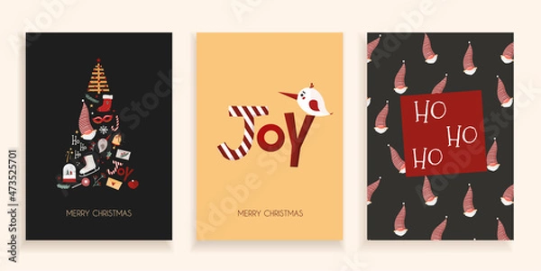 Fototapeta Christmas card collection in trending cute style with santa, christmas tree and lettering. Vector stock illustration