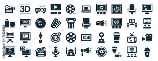 Obraz set of 40 filled cinema web icons in glyph style such as 3d text, camera roll, director film chair, animation, home theater, flat tv, laptop with film strip icons isolated on white background