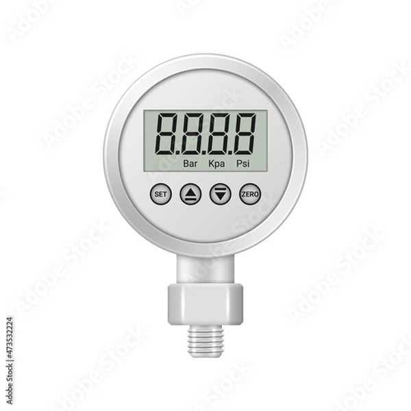 Fototapeta Realistic digital pressure gauge with fitting isolated on white background. Pressure measuring instrument. Vector illustration.