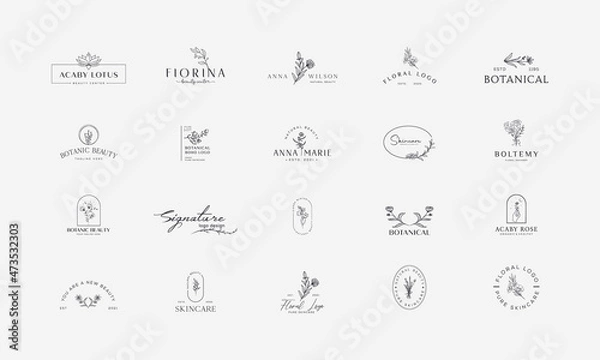 Obraz Set of Botanical Floral element Hand Drawn Logo with Wild Flower and Leaves. Logo for spa and beauty salon, boutique, organic shop, wedding, floral designer, interior, photography, cosmetic.
