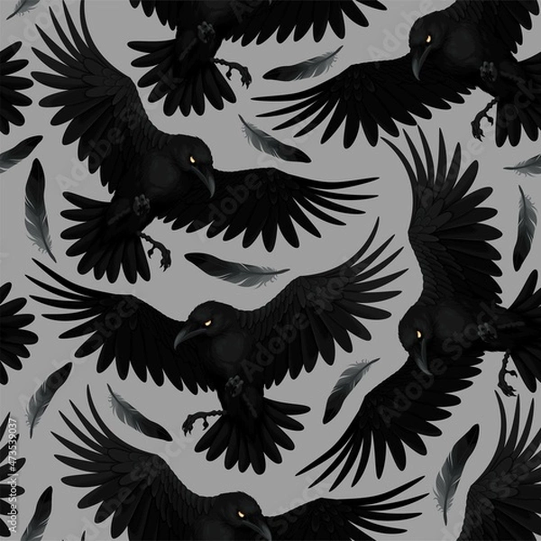 Fototapeta Vector seamless pattern with raven and feathers